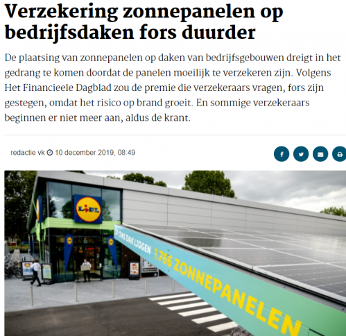 Verzekering zonnepanelen op bedrijfsdaken fors duurder